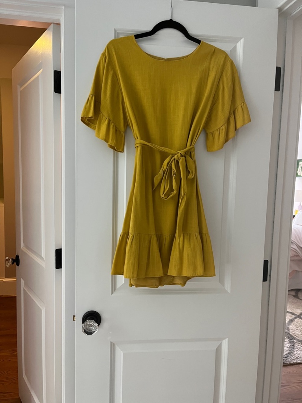 The Impeccable Pig Mustard Yellow Ruffle Sleeve Tie-Waist Dress
